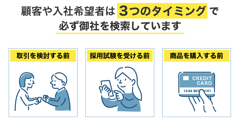 顧客や入社希望者は3つのタイミングで必ず御社を検索しています。取引を検討する前、採用面接を受ける前、商品を購入する前